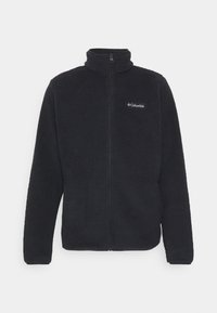 Giacca in pile nera con colletto alto e zip frontale completa. Presenta un tessuto morbido e testurizzato e un piccolo logo Columbia sul petto sinistro.