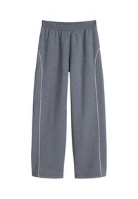 Szare spodnie o szerokich nogawkach wykonane z miękkiej tkaniny, z elastycznym pasem i białym lampasem po bokach. Casualowy i wygodny design.