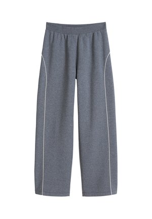 Szare spodnie o szerokich nogawkach wykonane z miękkiej tkaniny, z elastycznym pasem i białym lampasem po bokach. Casualowy i wygodny design.
