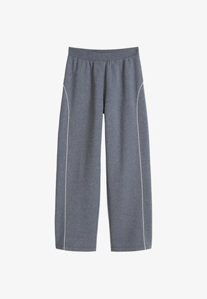 Szare spodnie o szerokich nogawkach wykonane z miękkiej tkaniny, z elastycznym pasem i białym lampasem po bokach. Casualowy i wygodny design.