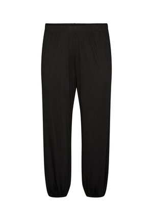 Schwarze locker sitzende Hose mit elastischem Bund und gesammelten elastischen Bündchen an den Knöcheln, flach auf weißem Hintergrund dargestellt.