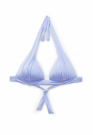 Hellblauer Bikini-Oberteil mit dreieckigen Cups, geraffter Textur und Halterneck-Tiefe. Das untere Band hat eine Knoten-Details auf der Rückseite.