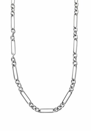 Collar de cadena en tono plateado que presenta eslabones ovalados alargados y conectores redondos, con una textura suave y brillante en toda su superficie.