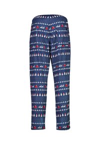 Marineblauwe pyjamabroek met een overkoepelend winterthema print van sneeuwmannen, bomen en rendieren; elastische tailleband, lichtgewicht stof.
