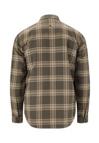 Donker groene flanellen blouse met beige ruitpatroon. Heeft een puntige kraag en knoopsluitingen bij de manchetten. Zachte, gestructureerde stof.