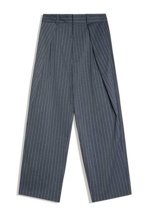 Dark gray pinstripe wide-leg trousers with pleats and belt loops, front pockets, and a tailored waistband.