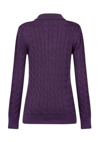 Lila Kabelstrickpullover mit langen Ärmeln, einem gerippten Kragen und strukturierten Mustern auf der gesamten Rückseite.