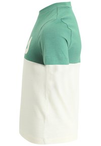 Camiseta de manga corta verde y blanca, hecha de algodón. Presenta un escote redondo y un logotipo distintivo en la parte superior.