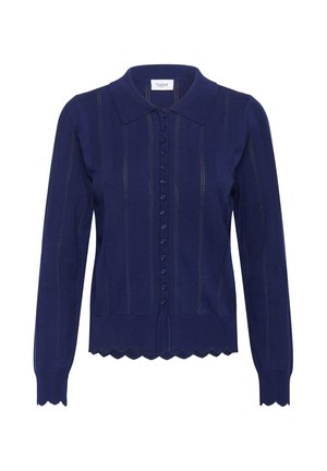 Cardigan en tricot bleu marine avec un ourlet festonné, un col et une fermeture à boutons. Doté de détails à rayures verticales et de manches longues pour un look ajusté.