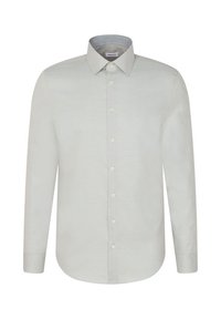 Camicia button-up grigia chiara con colletto strutturato, maniche lunghe e motivo a quadretti sul colletto interno. Tessuto morbido, sette bottoni sul davanti.