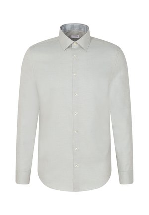 Light gray button-up shirt with a structured collar, long sleeves, and a checked pattern on the inner collar. Smooth texture, seven buttons down front.