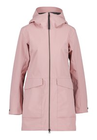Roze waterdichte jas met een ritssluiting aan de voorkant, een verstelbare capuchon en twee voorzakken. Soepele textuur met een recht gesneden ontwerp.