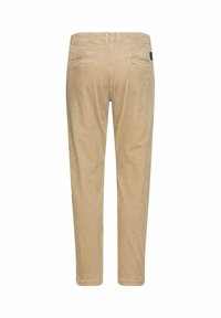 Beige corduroy pants featuring a straight-leg cut, two back pockets, and a textured surface, with a discreet logo on the waistband.