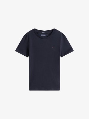 Navy blue cotton t-shirt with a round neckline and short sleeves. Features a small logo on the chest and a smooth texture.