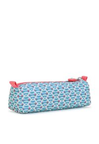 Bustina per matite blu con un motivo texturizzato. Accentuata da hardware rosa e una cerniera a contrasto. Forma rettangolare con base piatta.