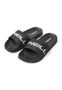 Sorte slidesandaler med en tekstureret rem, der har den hvide "O'Neill" logo. Sålens overflade er glat, designet for komfort og nemt slid.
