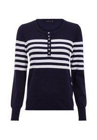 Marineblauer Pullover mit horizontalen weißen Streifen, langen Ärmeln, rundem Halsausschnitt und einer Knopfleiste mit fünf Knöpfen. Weiches Strickmaterial.