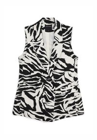 Schwarz-weißer ärmelloser Blazer mit Zebra-Muster, ausgestattet mit einem doppelten Knopfverschluss und zwei aufgesetzten Taschen. Strukturierter Stoff.