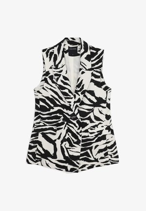 Schwarz-weißer ärmelloser Blazer mit Zebra-Muster, ausgestattet mit einem doppelten Knopfverschluss und zwei aufgesetzten Taschen. Strukturierter Stoff.