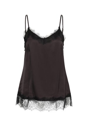 Sort satin camisole med tynde justerbare stropper, blondekant langs udskæringen og kanten, og et glat, flydende stof.