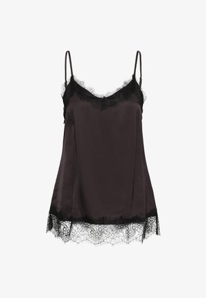 Camisolă din satin negru cu bretele subțiri reglabile, dantelă de-a lungul decolteului și tivului și un material neted și fluid.