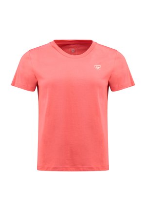 Koralli lyhythihainen T-paita, valmistettu puuvillasta. Pyöreä kaula-aukko, jossa pieni logo vasemmassa rinnassa, sileä rakenne ja tasainen ommel.