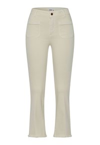 Light beige flared jeans with a high waist, slight fraying at the hem, and two front pockets. Made of soft, stretchable cotton blend fabric.