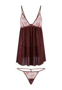 Set di lingerie borgogna composto da un sottoveste trasparente con ricami floreali e un perizoma abbinato. Il sottoveste ha spalline sottili e un design morbido.