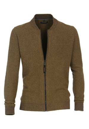 Cardigan marron en maille avec fermeture éclair, poignets et bas côtelés, col court montant et texture moyenne.