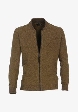 Cardigan marron en maille avec fermeture éclair, poignets et bas côtelés, col court montant et texture moyenne.