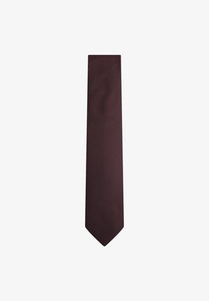 Corbata de hombre de textura sólida de color marrón oscuro, forma clásica ancha con punta puntiaguda, mostrada plana sobre fondo blanco.