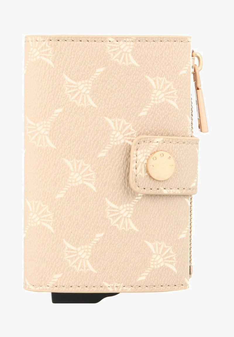 Beige portemonnee van gestructureerd synthetisch materiaal, met een patroon van lichtgekleurde palmbomen, een drukknoopsluiting en een rits.