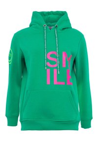 Felpa verde in cotone, con una grande grafica rosa "SMILE" sul davanti, e lacci verdi con testo. Tasca a marsupio inclusa.