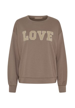 Brun langærmet sweatshirt med ribbet manchet og kant, med store teksturerede beige bogstaver, der staver "LOVE" på tværs af brystet.