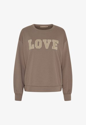 Brun langærmet sweatshirt med ribbet manchet og kant, med store teksturerede beige bogstaver, der staver "LOVE" på tværs af brystet.