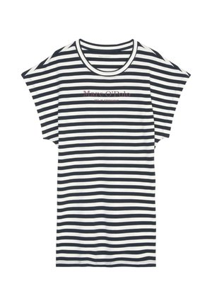 T-shirt a maniche corte a righe con righe orizzontali bianche e nere, scollatura rotonda e un piccolo logo rosso sul davanti.