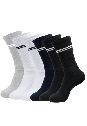 Set bestehend aus sechs Baumwollrippenstrümpfen in Grau, Weiß, Navy und Schwarz, jeweils mit zwei horizontalen Streifen nahe der Oberseite der Socken.