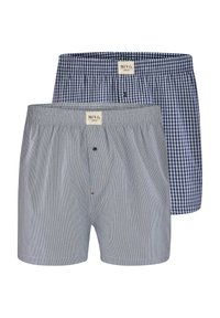 Pantaloni boxer con motivi blu e bianchi; uno ha un design a scacchi, l'altro presenta finissime righe orizzontali. Vita elastica e dettaglio con bottone.