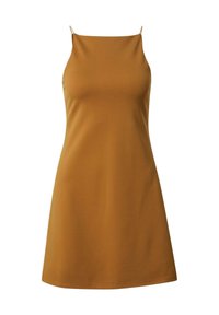 Satin Senfgelbkleid mit dünnen Trägern, einem taillierten Oberteil, das in einen ausgestellten Rock übergeht, glatter Textur und ohne sichtbare Muster oder Verzierungen.