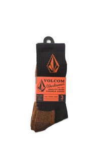 Trois paires de chaussettes de travail Volcom noir et orange à motif géométrique, avec une texture côtelée et une conception durable.