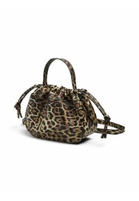 Kabelka s leopardím vzorem, se staženým vrškem, dvojitými ušima a odnímatelným popruhem. Vyrobena z strukturovaného materiálu v tlumených hnědých a černých tónech.