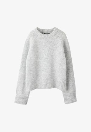 Light grey knitted sweater with long sleeves, ribbed cuffs, neckline, and hem, displaying a soft, cozy texture.