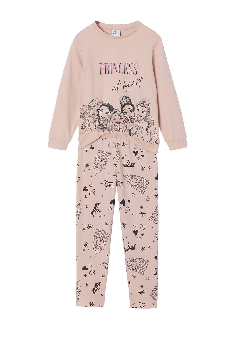 Light pink pajama set featuring long-sleeve top with "Princess at heart" text and princess illustrations. Bottoms are patterned with hearts and castles.