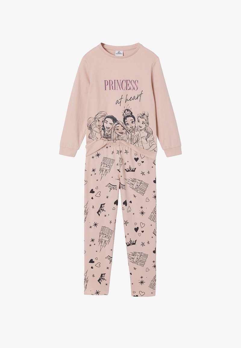 Light pink pajama set featuring long-sleeve top with "Princess at heart" text and princess illustrations. Bottoms are patterned with hearts and castles.