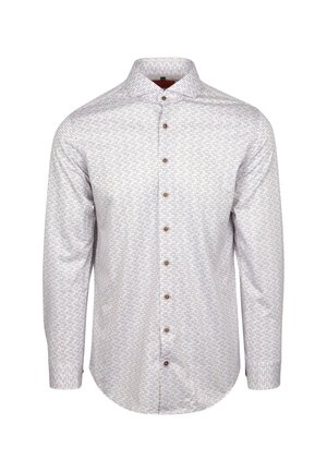 Langärmliges Button-Down-Hemd in Weiß mit einem geometrischen Muster in Blau und Braun. Verfügt über braune Knöpfe und ein klassisches Kragen Design.