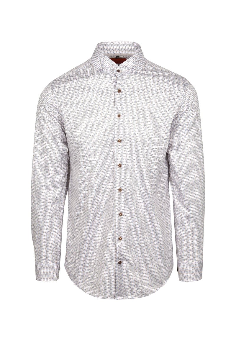Langärmliges Button-Down-Hemd in Weiß mit einem geometrischen Muster in Blau und Braun. Verfügt über braune Knöpfe und ein klassisches Kragen Design.