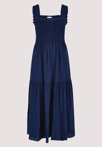 Navyblaues, ärmelloses Maxikleid mit gerafftem Oberteil, quadratischem Ausschnitt und gestuftem Rock. Hergestellt aus leichtem Stoff mit weicher Textur.