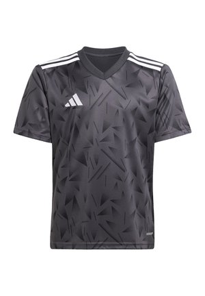 Jersey corto a maniche corte di colore grigio scuro, con un motivo geometrico, scollo a V e tre strisce bianche sulle spalle. Realizzato in un tessuto leggero.