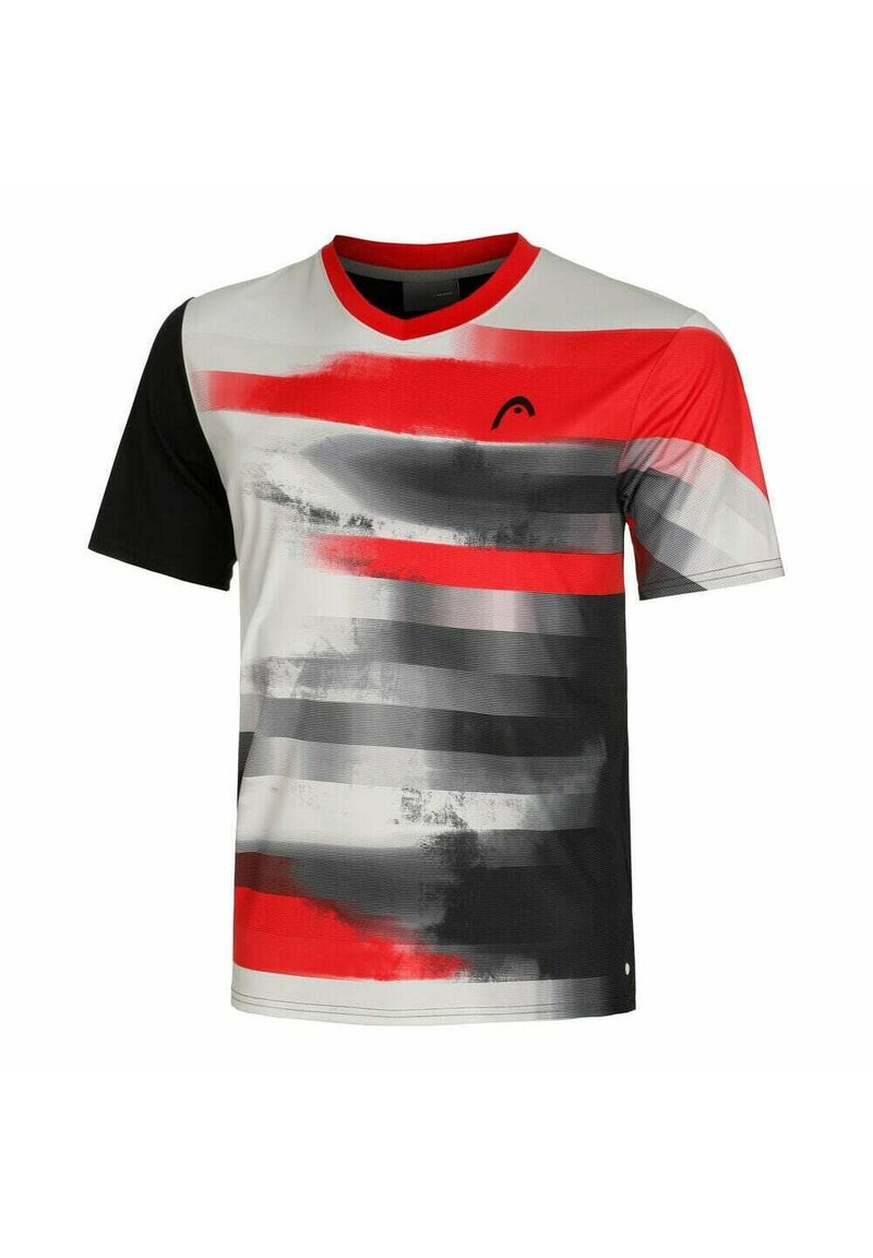 Camiseta deportiva de manga corta con cuello en V, rayas horizontales en rojo, negro y gris, con un acabado texturizado y un logotipo en el pecho.