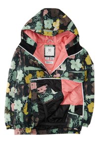 Monivärinen takki, jossa on kukkakuosi, mintunvihreä ja musta ulkopinta, vaaleanpunainen vuori ja vetoketjulliset taskut. Valmistettu vedenpitävästä materiaalista.